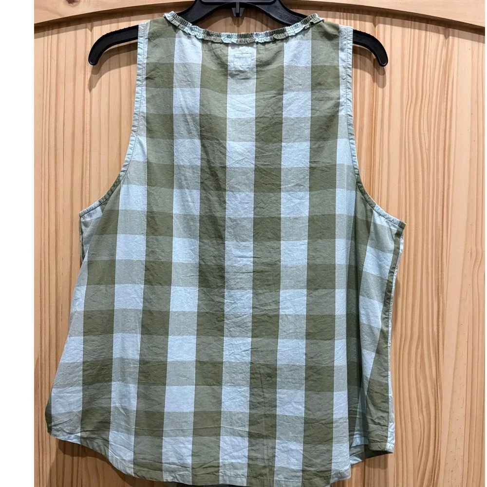 Free People Free-est Green Blue Gingham Ruffle Scoop Neck Cotton Tank Top Large